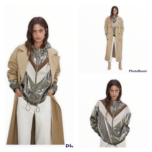 Zara Silver Gold Metallic Colorblock Windbreaker Jacket NWT Size Small Chic - Picture 5 of 12